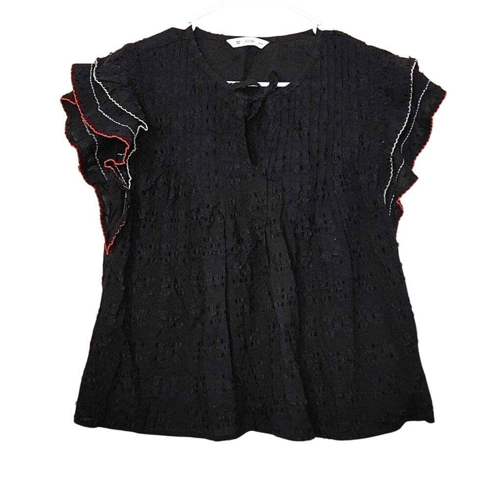 ACOS&A Size Medium M Cotton Black Blouse Flutter Sleeve Textured Boho Career